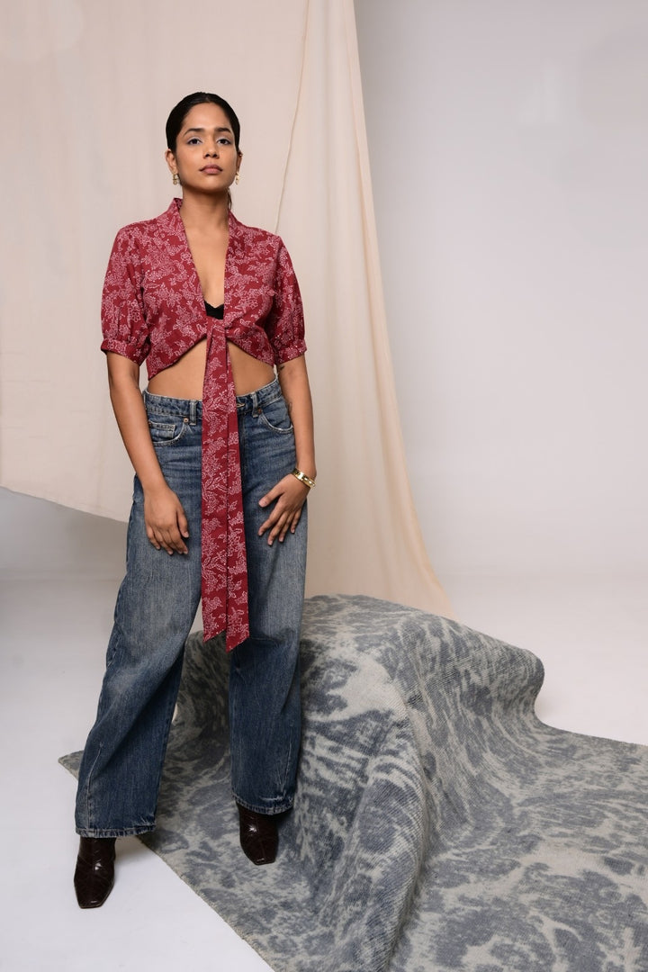 Shararat Maroon Handblock Printed Wrap Top
