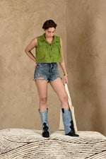 Load image into Gallery viewer, Bali Umar Fern Green Handblock Printed Top - MODERN BLUE