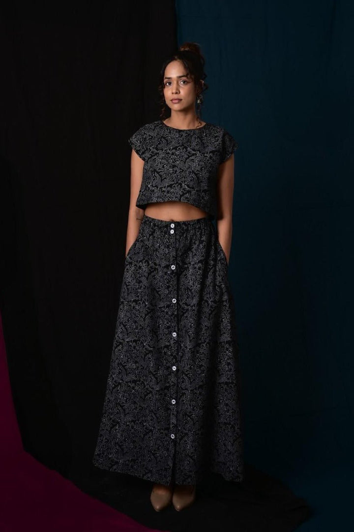 Chanchal Black Handblock Printed Skirt - MODERN BLUE