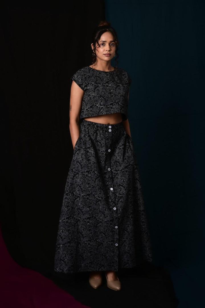 Chanchal Black Handblock Printed Skirt - MODERN BLUE