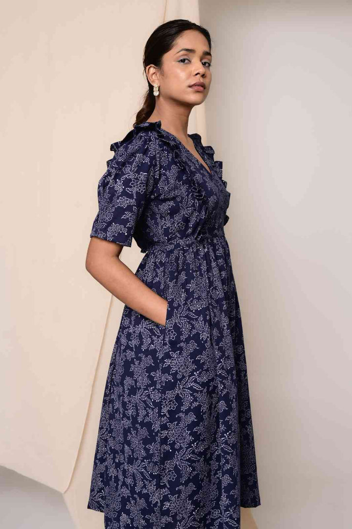 Dor Handblock Printed Dress - MODERN BLUE