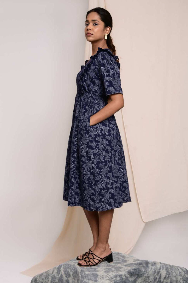 Dor Handblock Printed Dress - MODERN BLUE