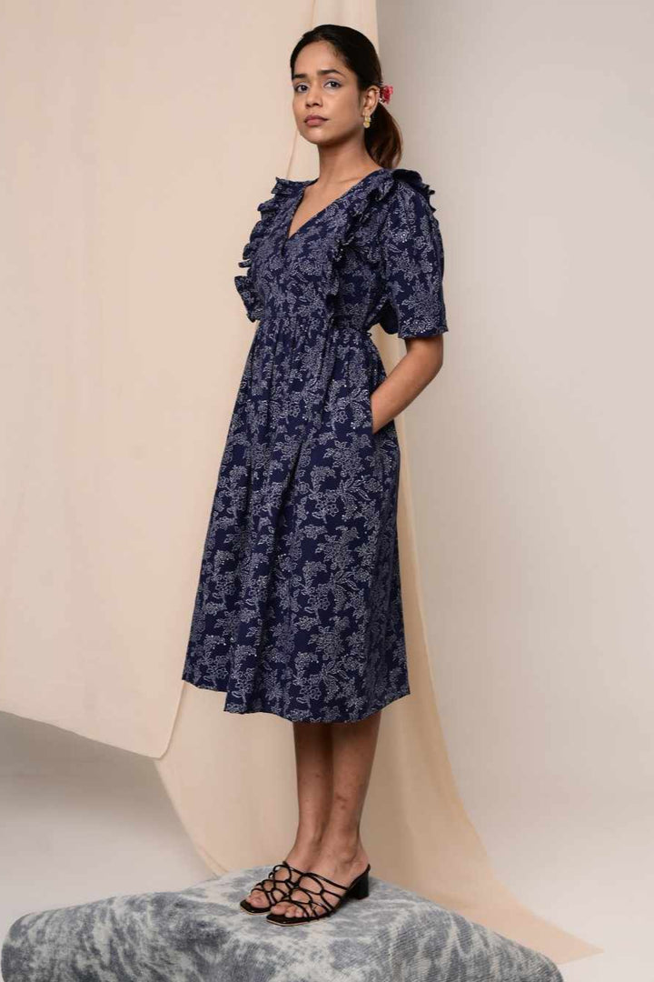 Dor Handblock Printed Dress - MODERN BLUE