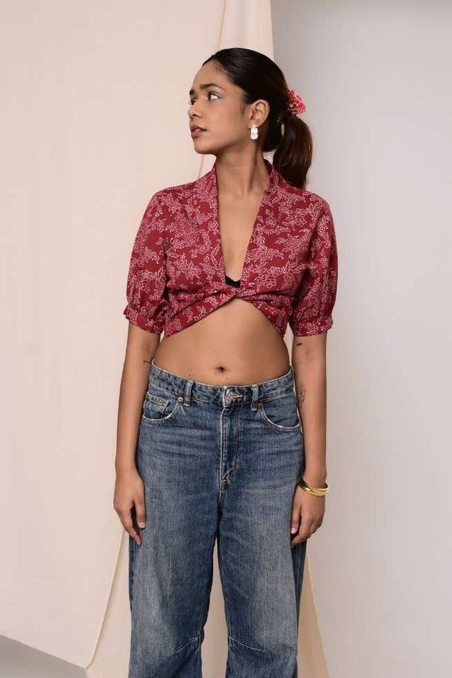 Shararat Maroon Handblock Printed Wrap Top - MODERN BLUE
