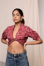 Load image into Gallery viewer, Shararat Maroon Handblock Printed Wrap Top - MODERN BLUE