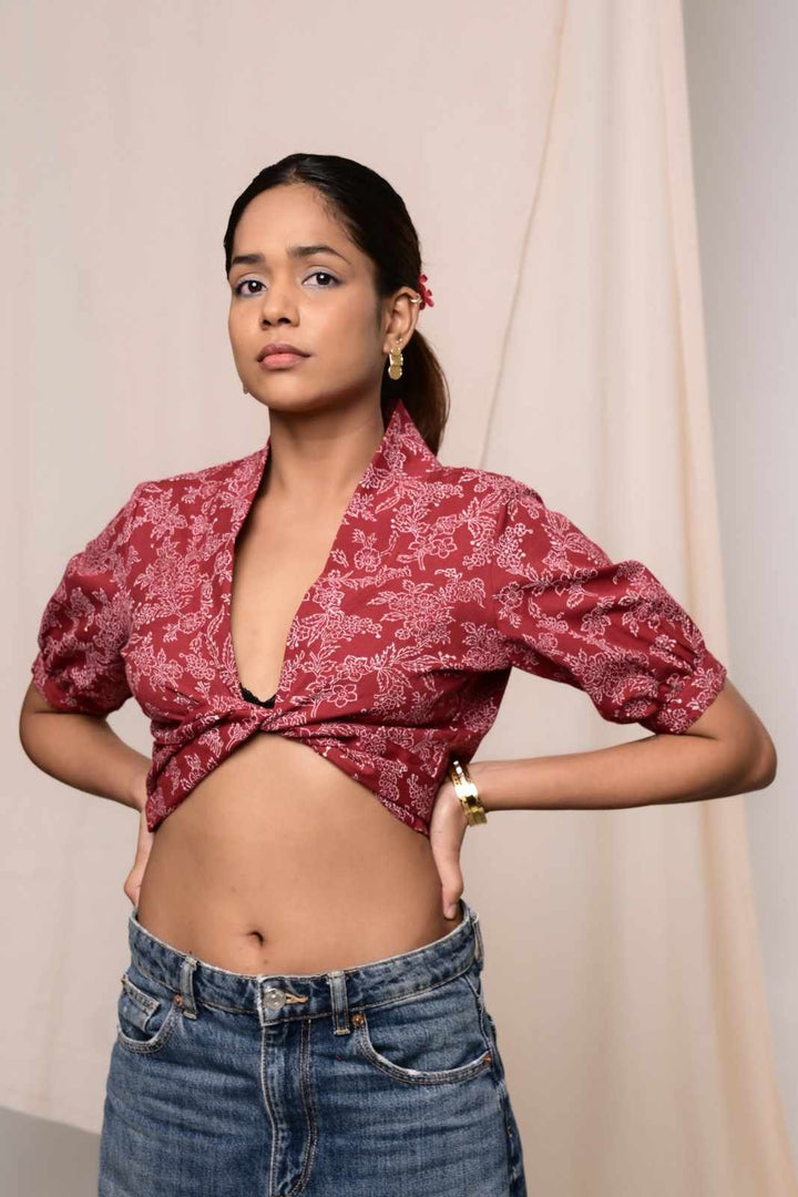 Shararat Maroon Handblock Printed Wrap Top - MODERN BLUE