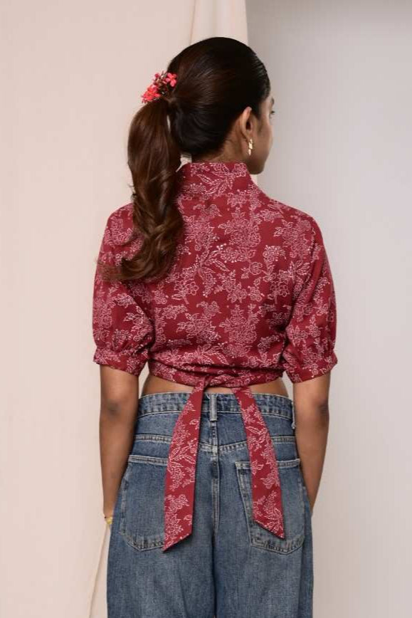 Shararat Maroon Handblock Printed Wrap Top - MODERN BLUE