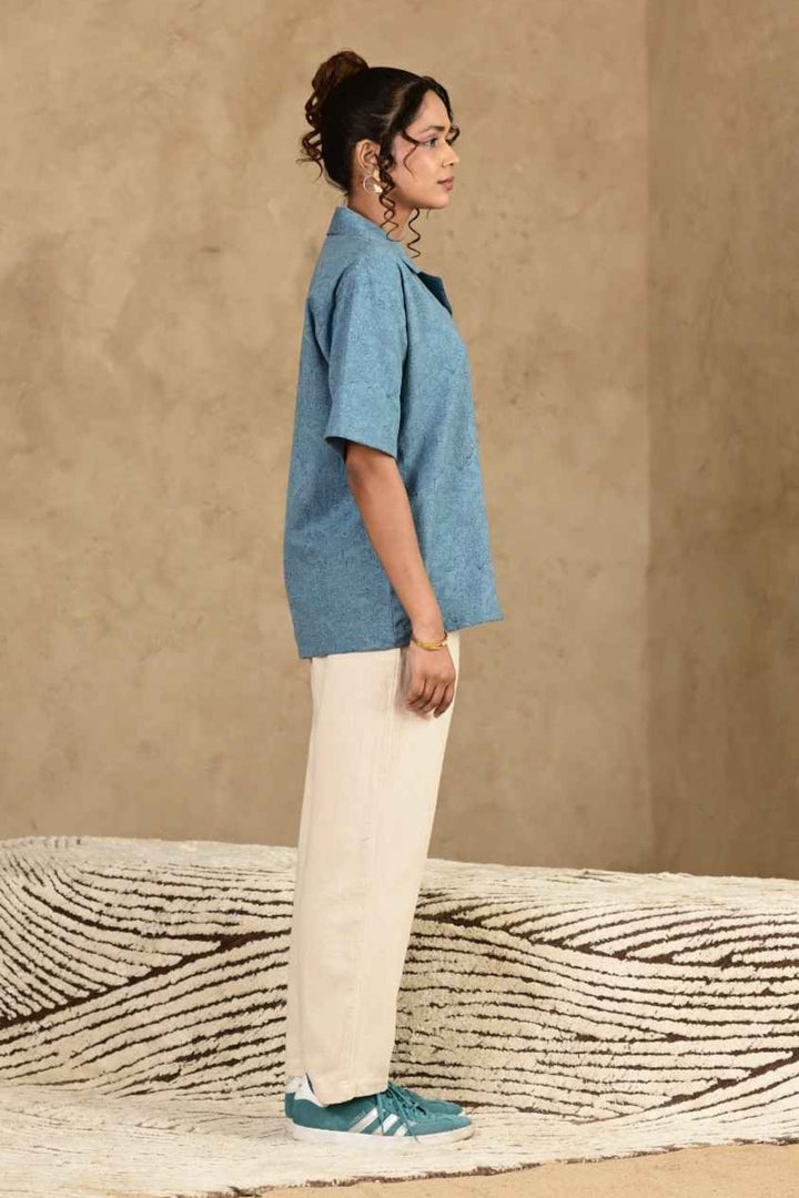 Umeed Handblock Printed Oversized Shirt - MODERN BLUE