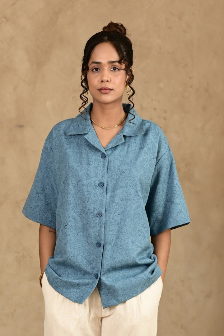Umeed Handblock Printed Oversized Shirt - MODERN BLUE