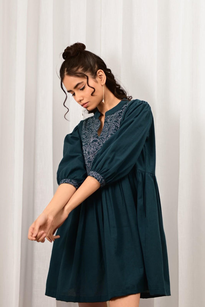 Wafa Handblock Printed Dress - MODERN BLUE
