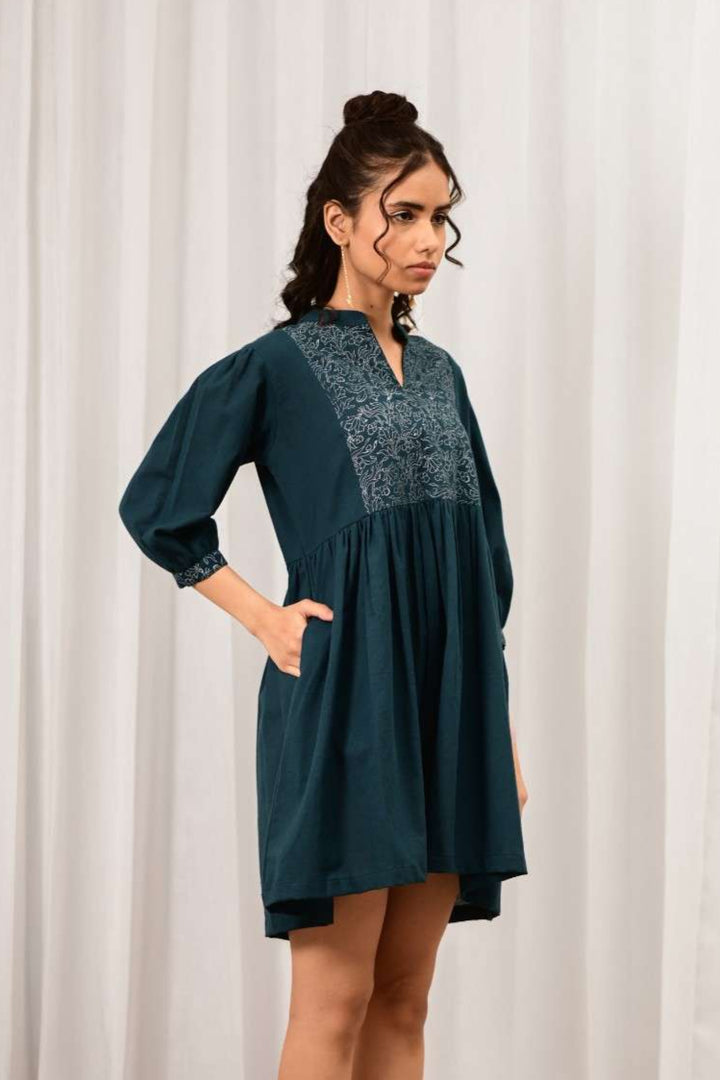 Wafa Handblock Printed Dress - MODERN BLUE