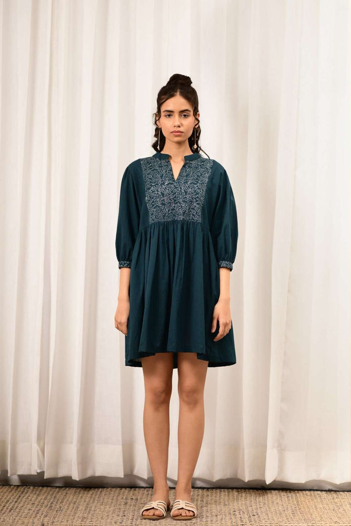 Wafa Handblock Printed Dress - MODERN BLUE