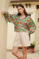 Load image into Gallery viewer, Floral Fun Oversized Crop Shirt - MODERN BLUE