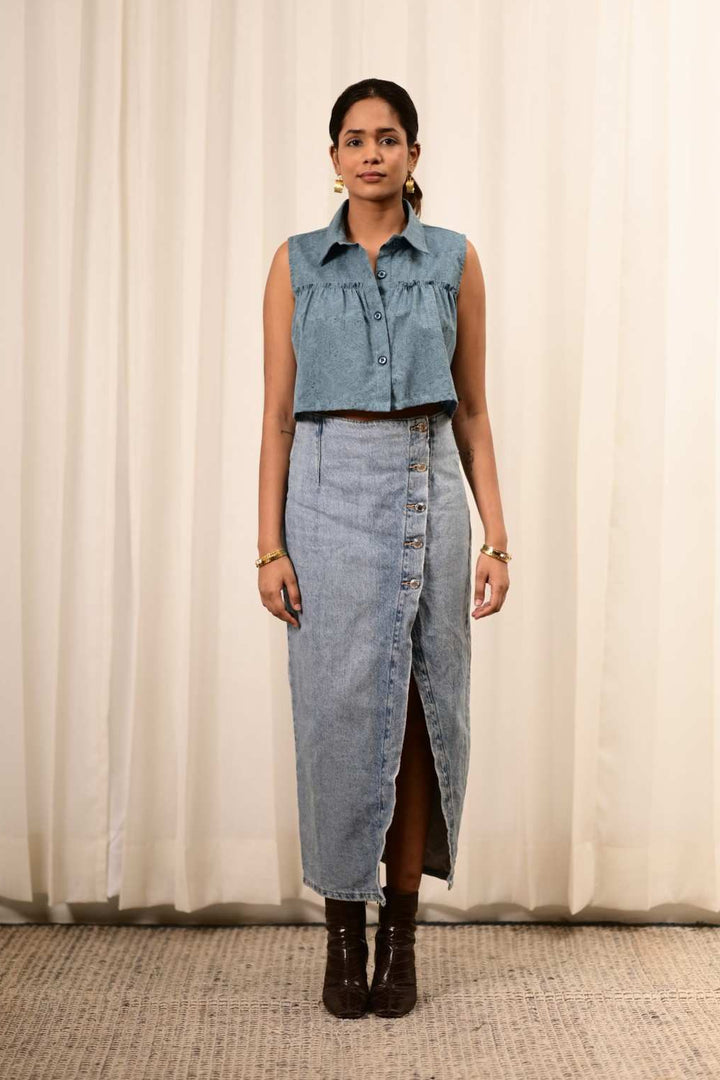 Bali Umar Baby Blue Handblock Printed Top - MODERN BLUE