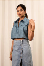 Load image into Gallery viewer, Bali Umar Baby Blue Handblock Printed Top - MODERN BLUE
