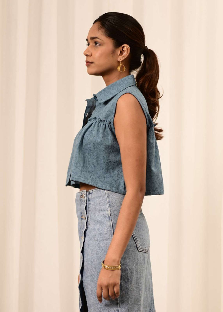 Bali Umar Baby Blue Handblock Printed Top - MODERN BLUE