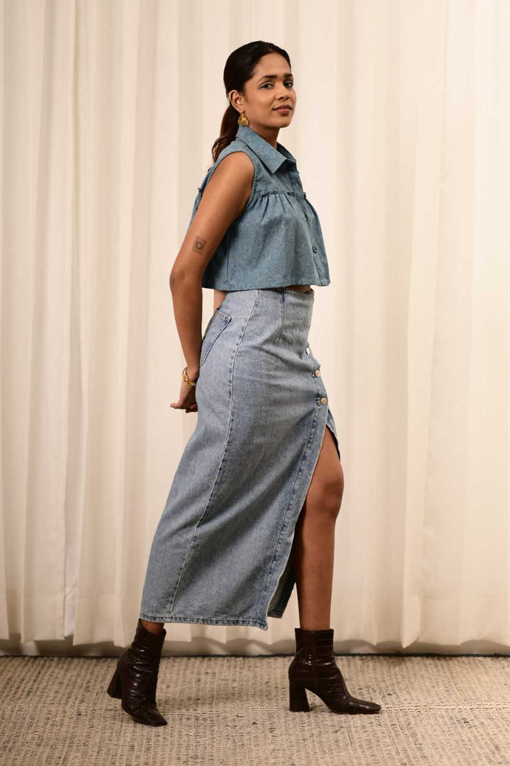 Bali Umar Baby Blue Handblock Printed Top - MODERN BLUE