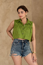 Load image into Gallery viewer, Bali Umar Fern Green Handblock Printed Top - MODERN BLUE
