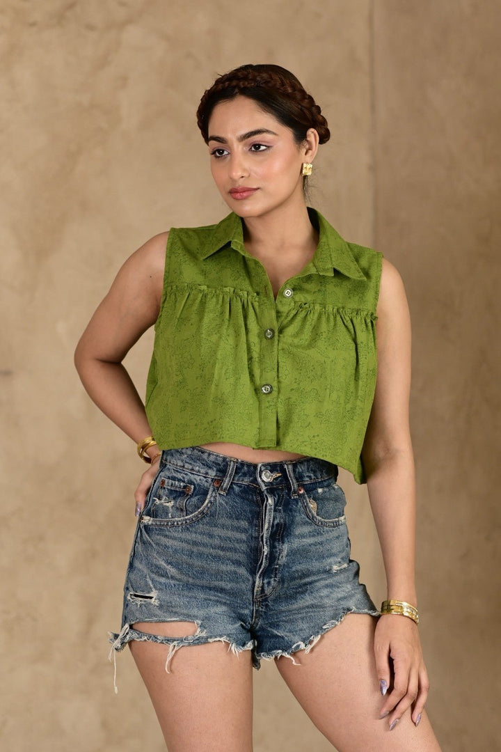 Bali Umar Fern Green Handblock Printed Top - MODERN BLUE