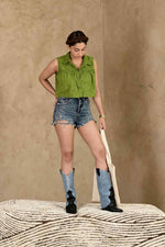 Load image into Gallery viewer, Bali Umar Fern Green Handblock Printed Top - MODERN BLUE
