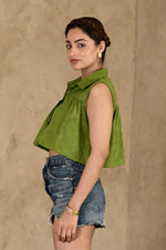 Load image into Gallery viewer, Bali Umar Fern Green Handblock Printed Top - MODERN BLUE
