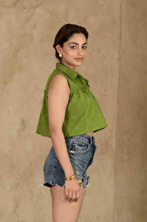 Bali Umar Fern Green Handblock Printed Top - MODERN BLUE