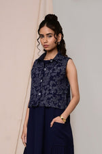Load image into Gallery viewer, Bayaan Handblock Printed Sleeveless Jacket Shirt - MODERN BLUE
