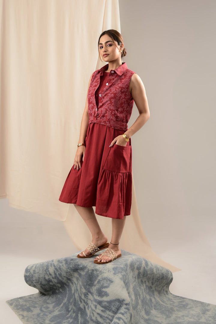 Bayaan Handblock Printed Sleeveless Jacket Shirt - MODERN BLUE