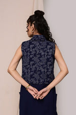 Load image into Gallery viewer, Bayaan Handblock Printed Sleeveless Jacket Shirt - MODERN BLUE
