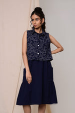 Load image into Gallery viewer, Bayaan Handblock Printed Sleeveless Jacket Shirt - MODERN BLUE
