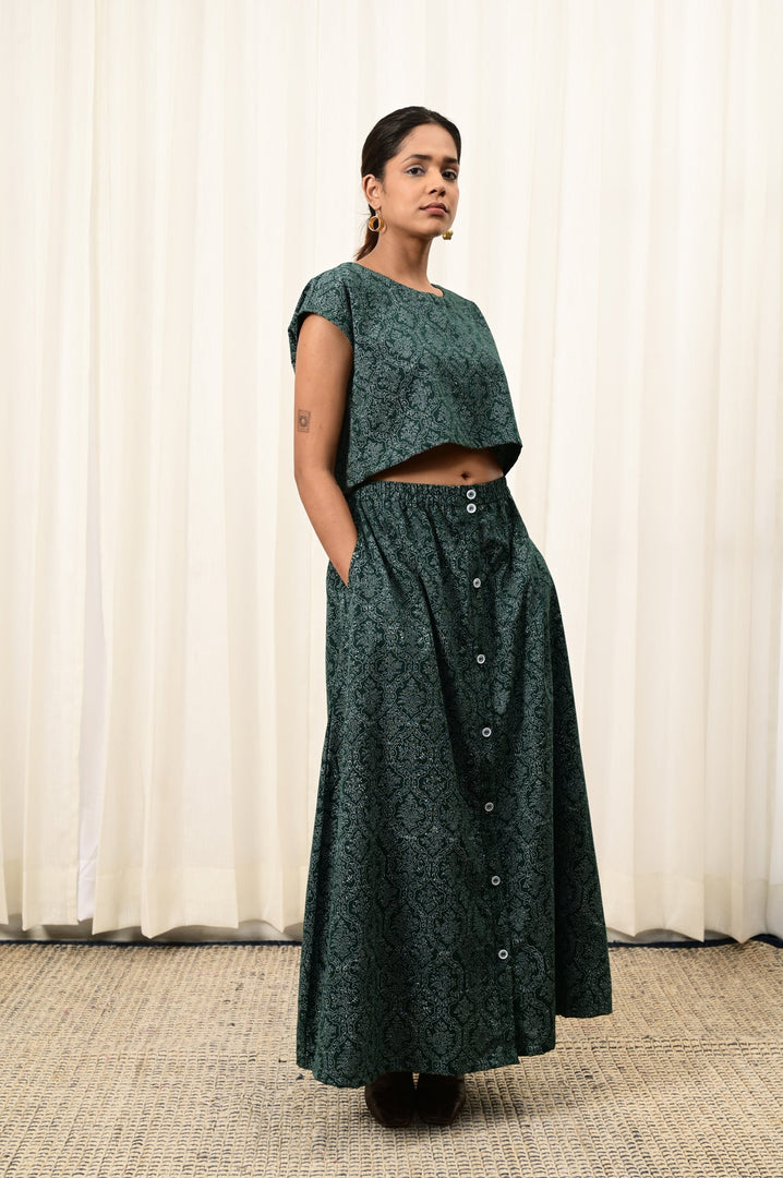 Chanchal Bottle Green Handblock Printed Skirt - MODERN BLUE