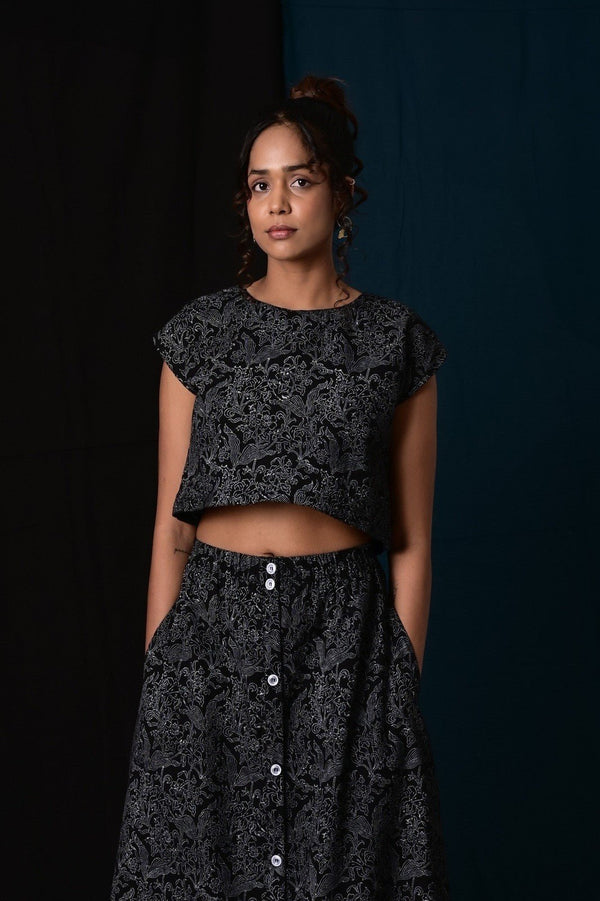 Muskaan Black Handblock Printed Top - MODERN BLUE