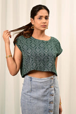 Load image into Gallery viewer, Muskaan Bottle Green Handblock Printed Top - MODERN BLUE
