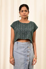 Load image into Gallery viewer, Muskaan Bottle Green Handblock Printed Top - MODERN BLUE
