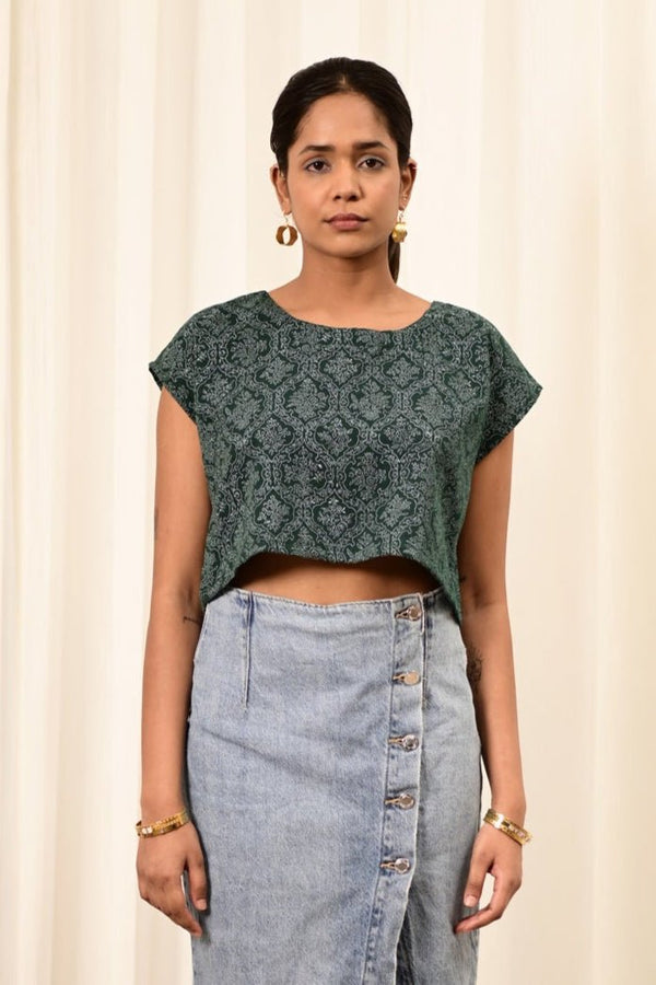 Muskaan Bottle Green Handblock Printed Top - MODERN BLUE