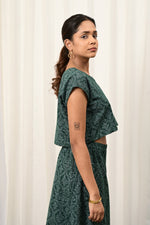 Load image into Gallery viewer, Muskaan Bottle Green Handblock Printed Top - MODERN BLUE
