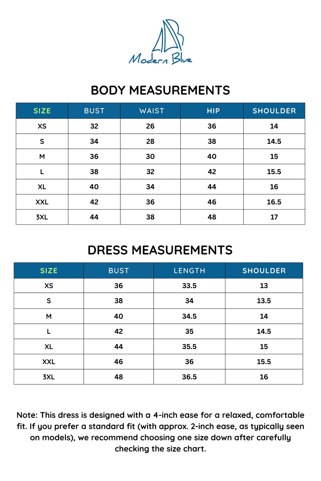 Size chart for Pehchan Sleeveless Dress