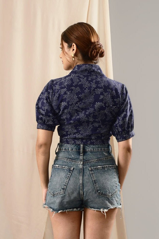 Shararat Navy Blue Handblock Printed Wrap Top - MODERN BLUE