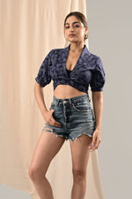 Load image into Gallery viewer, Shararat Navy Blue Handblock Printed Wrap Top - MODERN BLUE
