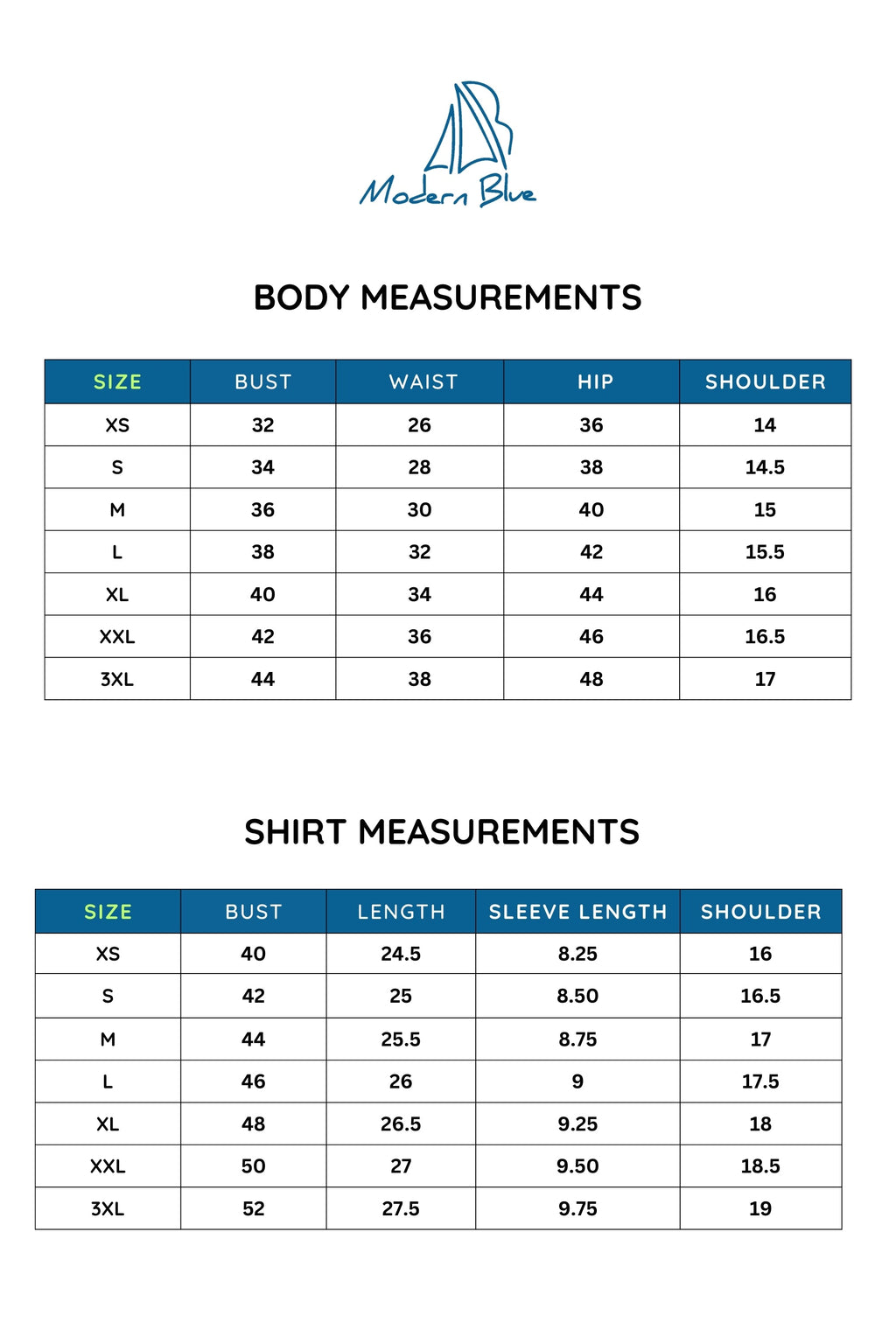 Size chart for Teal Coast Shirt