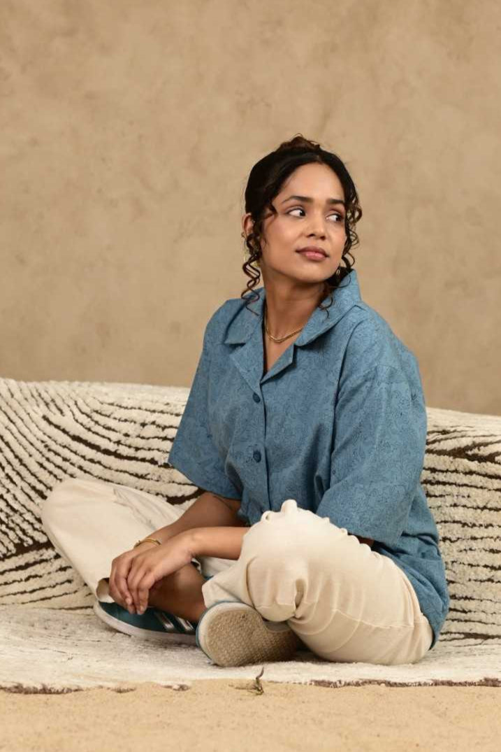 Umeed Handblock Printed Oversized Shirt - MODERN BLUE