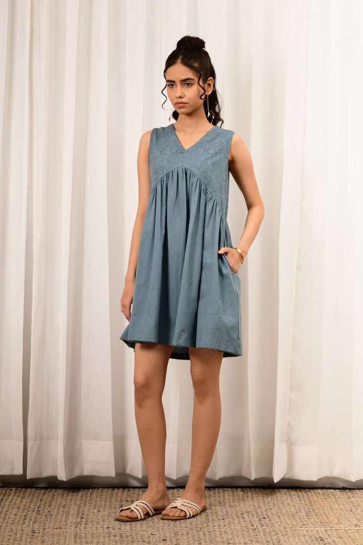 Zid Baby Blue Gathered Dress - MODERN BLUE