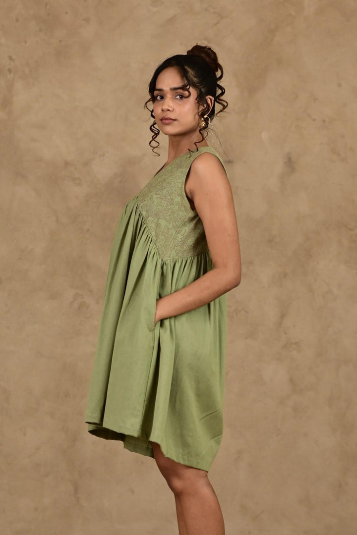 Zid Sage Green Gathered Dress - MODERN BLUE
